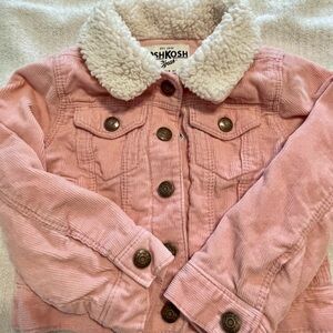 2 pc set OshKosh B'gosh Pink and White Jean Jacket with Sherpa Collar & onesie
